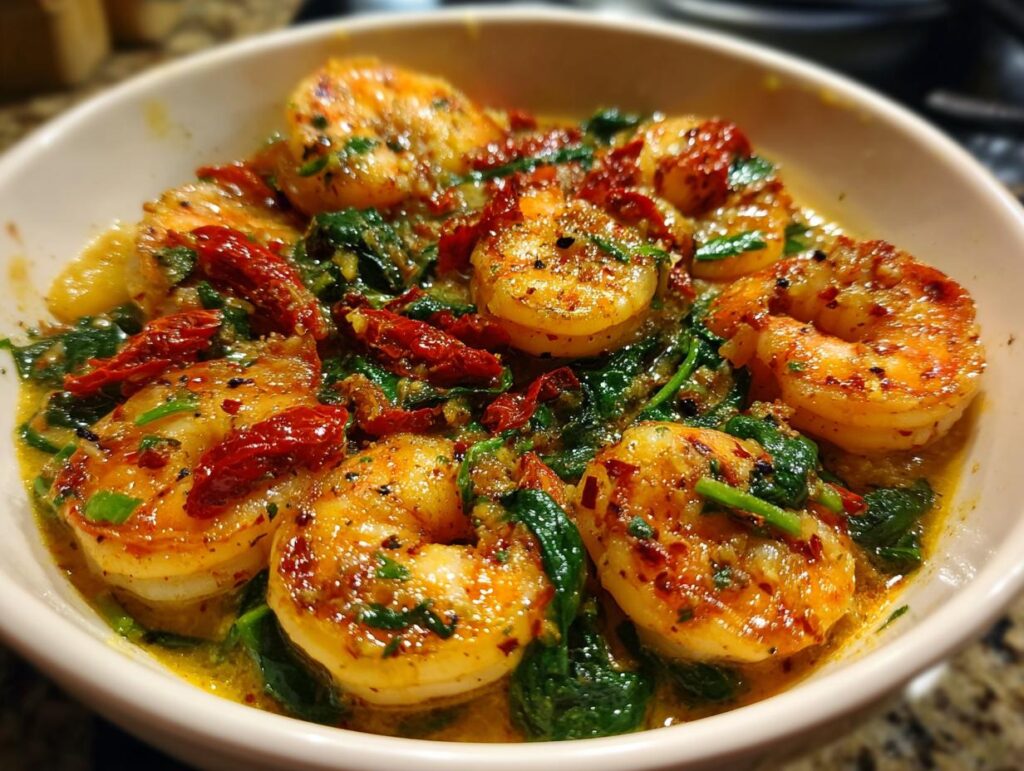 A bowl of Creamy Garlic Butter Tuscan Shrimp with spinach and sun-dried tomatoes.