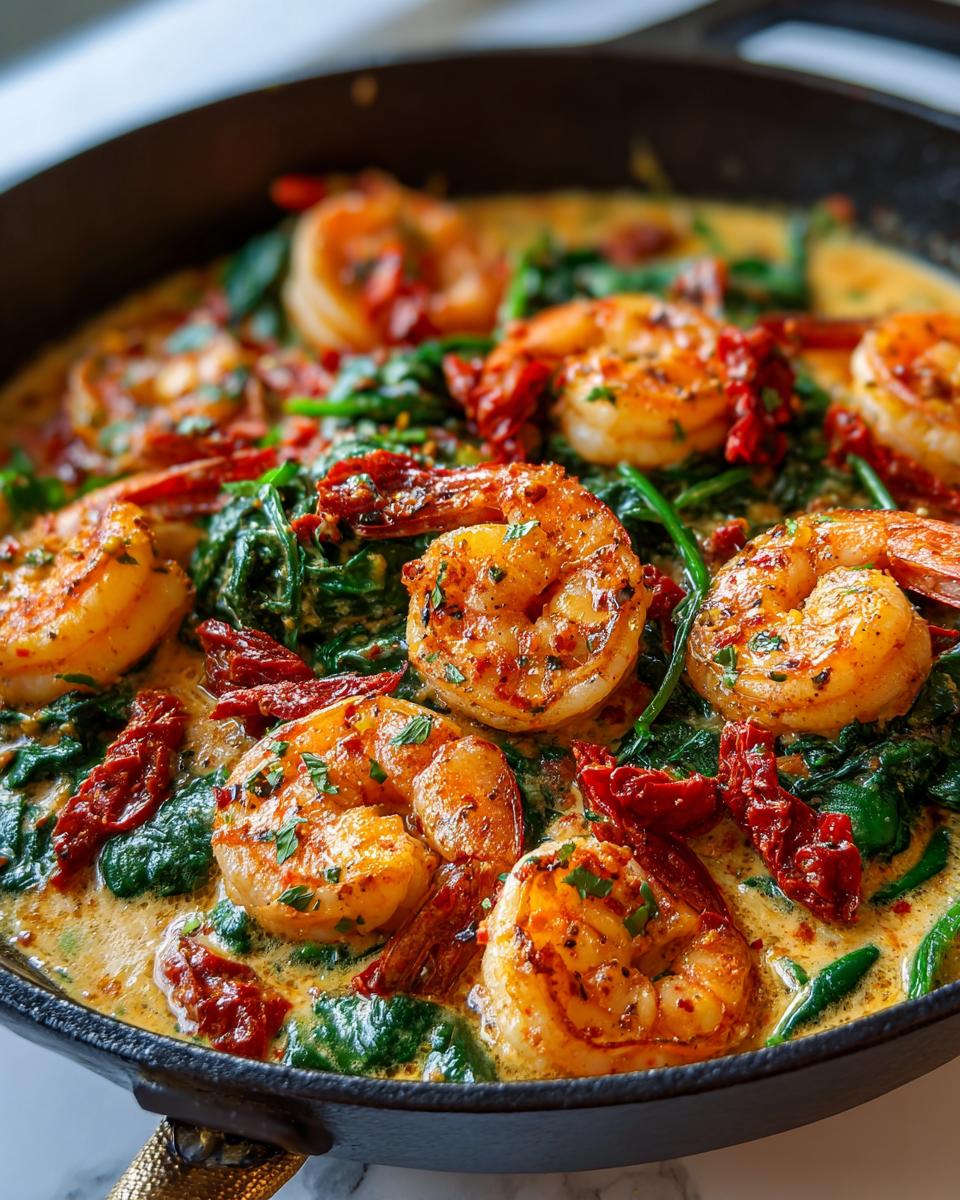 Close-up of Creamy Garlic Butter Tuscan Shrimp with spinach and sun-dried tomatoes in a skillet.