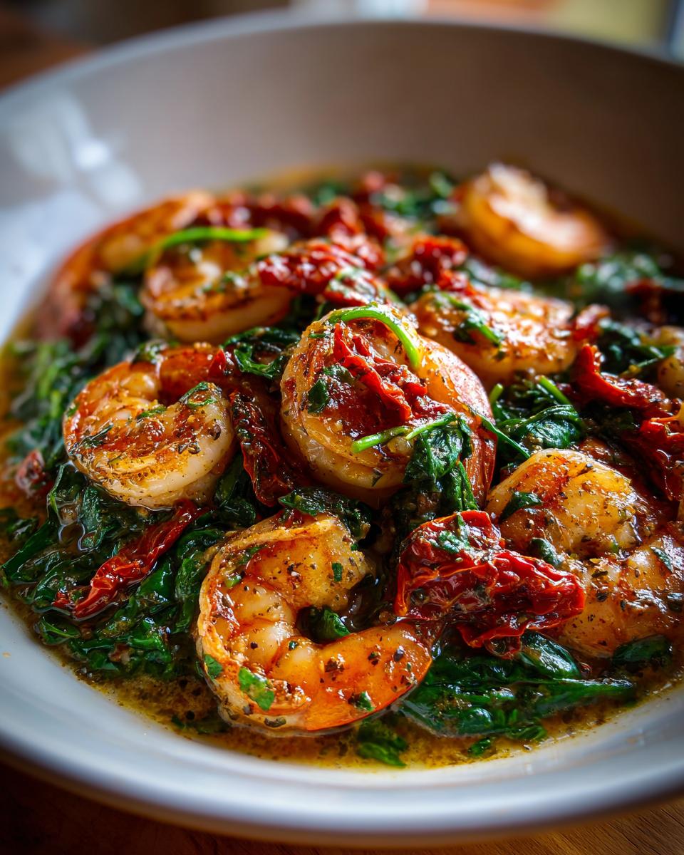 A close-up of Creamy Garlic Butter Tuscan Shrimp with spinach and sun-dried tomatoes in a bowl.