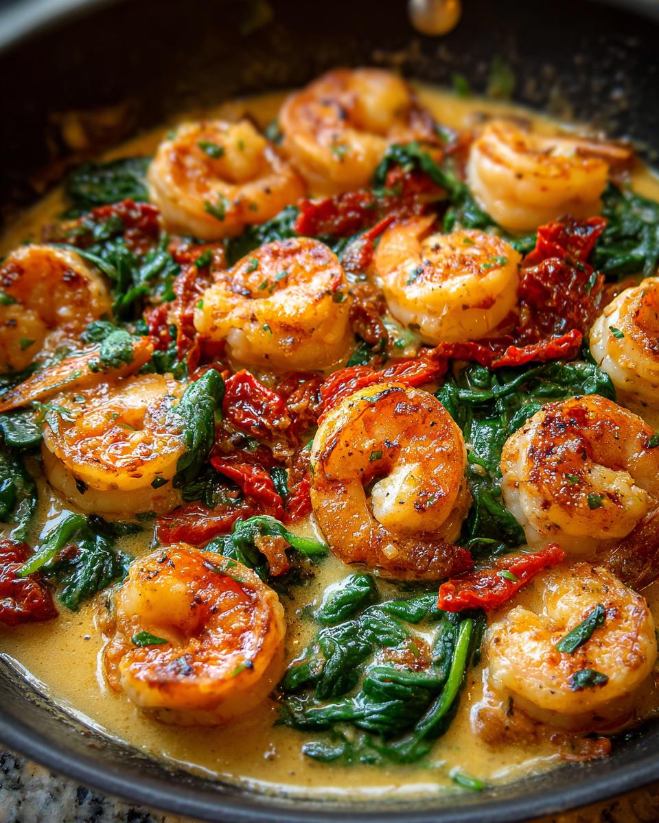Close-up of Creamy Garlic Butter Tuscan Shrimp in a pan with spinach and sun-dried tomatoes.