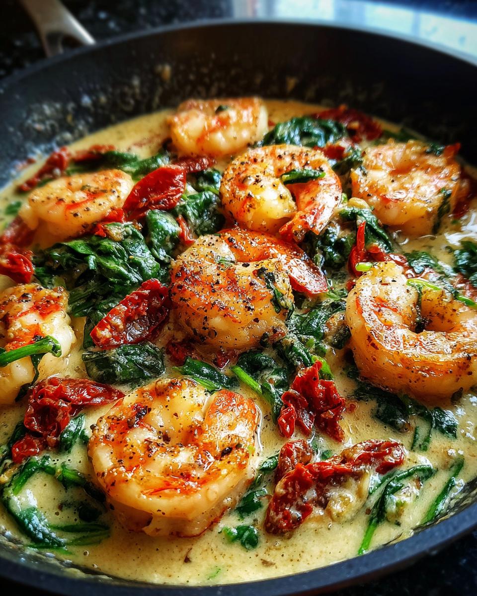 Close-up of Creamy Garlic Butter Tuscan Shrimp with spinach and sun-dried tomatoes in a skillet.