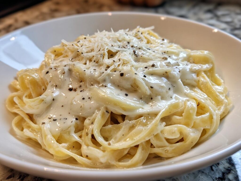 A close-up of fettuccine pasta coated in a rich Creamy Garlic Parmesan sauce, topped with grated Parmesan and black pepper.