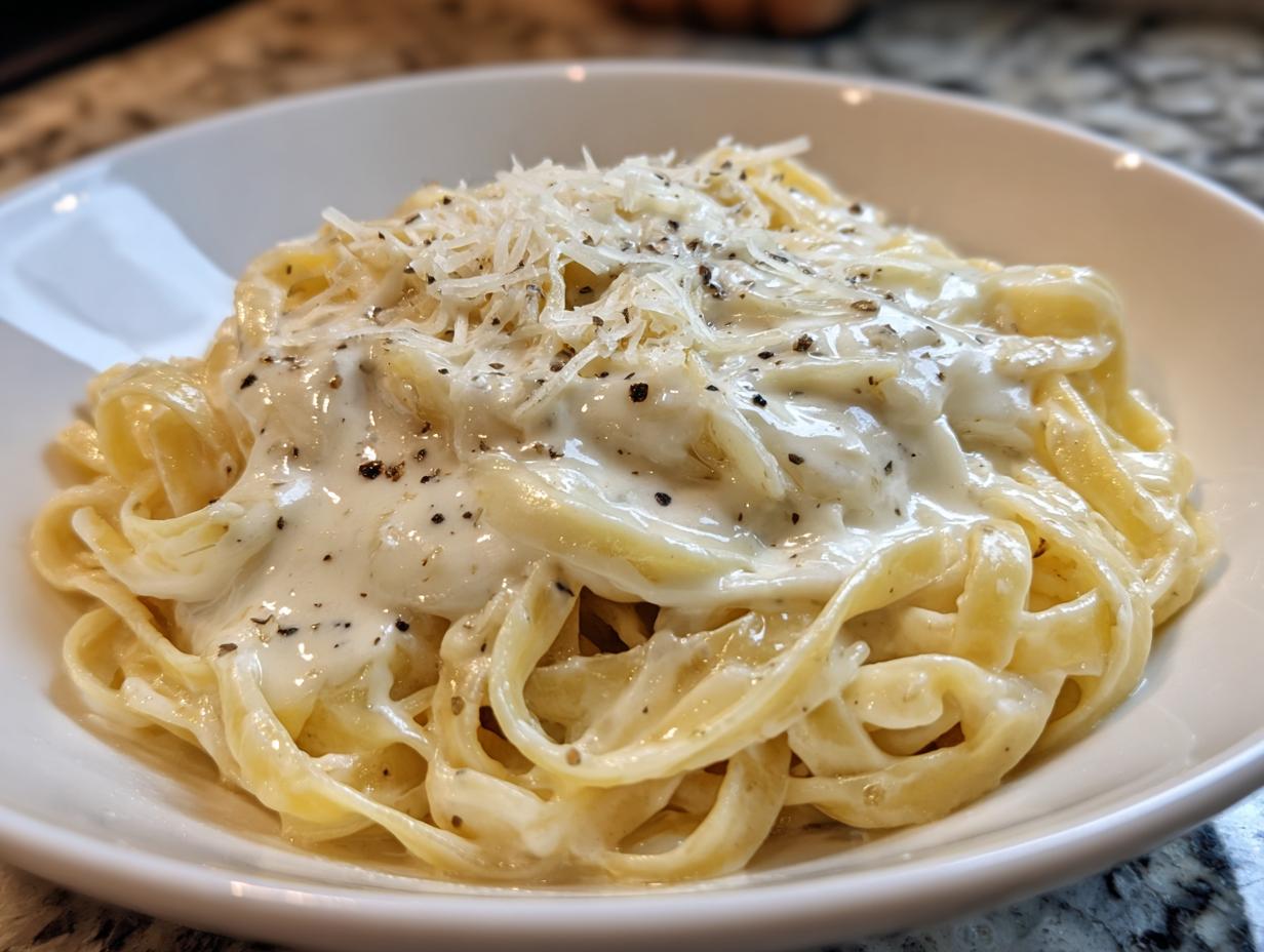 A close-up of fettuccine pasta coated in a rich Creamy Garlic Parmesan sauce, topped with grated Parmesan and black pepper.