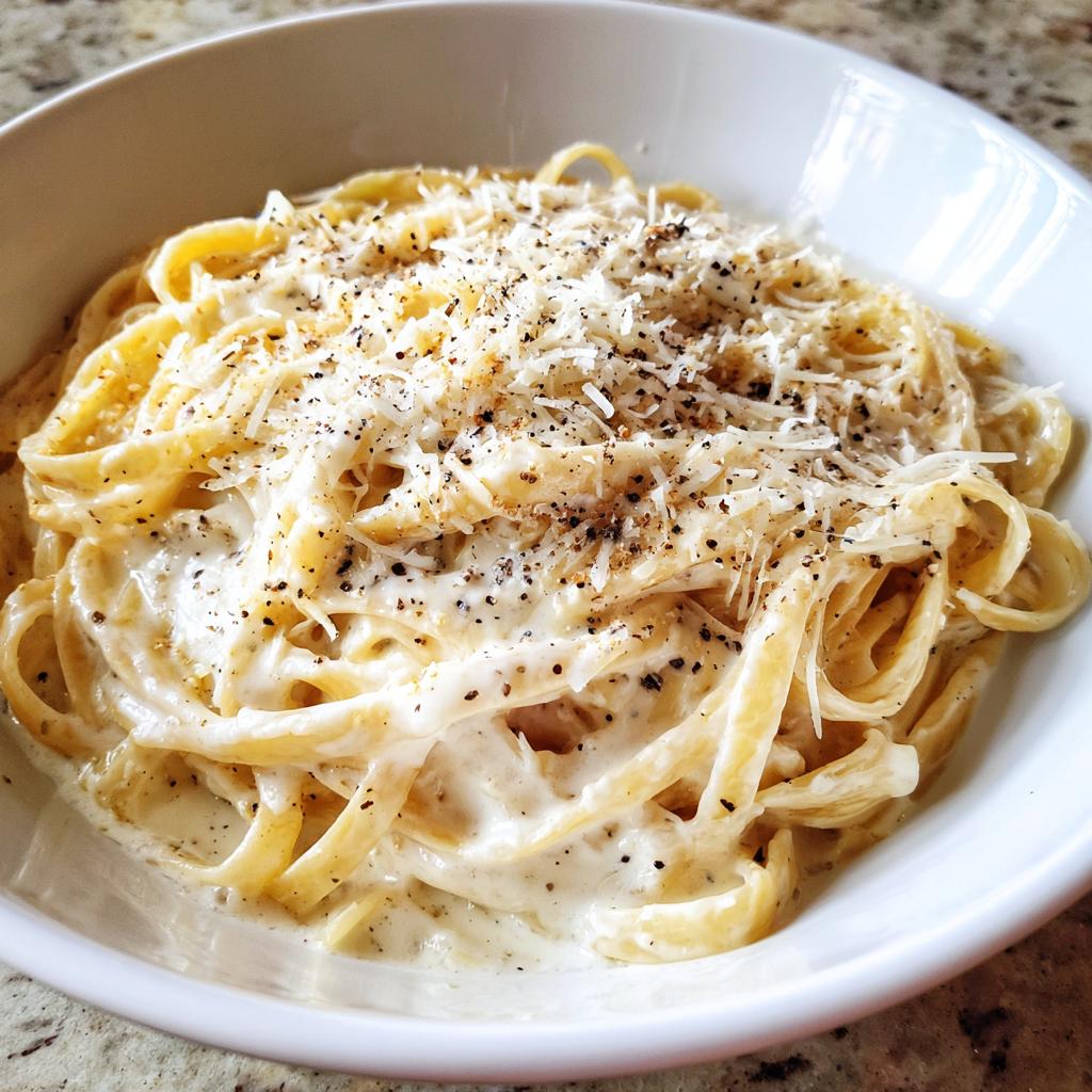 A close-up of fettuccine pasta coated in a rich Creamy Garlic Parmesan sauce, topped with grated Parmesan and black pepper.
