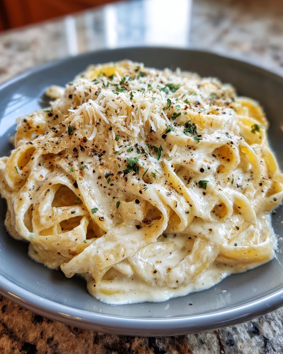 A close-up of fettuccine pasta coated in a rich Creamy Garlic Parmesan sauce, topped with grated Parmesan and parsley.