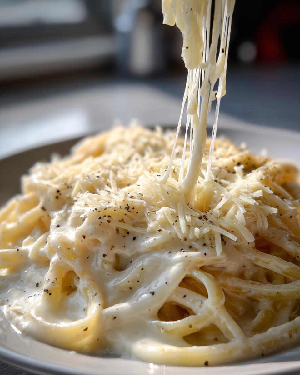 A close-up of spaghetti coated in creamy garlic parmesan sauce, topped with grated parmesan and black pepper, with cheese stretching from a fork.