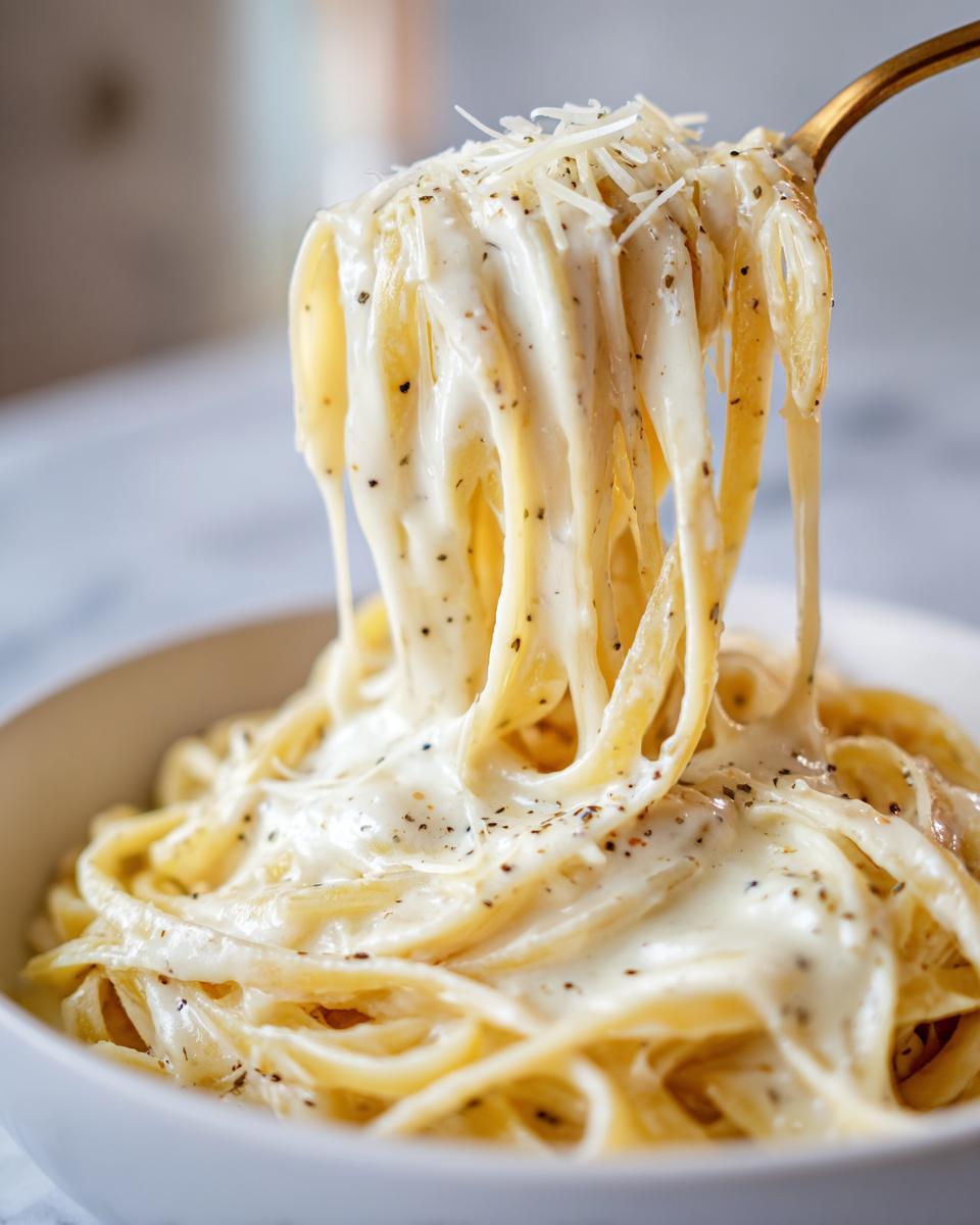 A fork lifts a generous portion of fettuccine pasta coated in a rich Creamy Garlic Parmesan sauce, topped with grated Parmesan cheese.