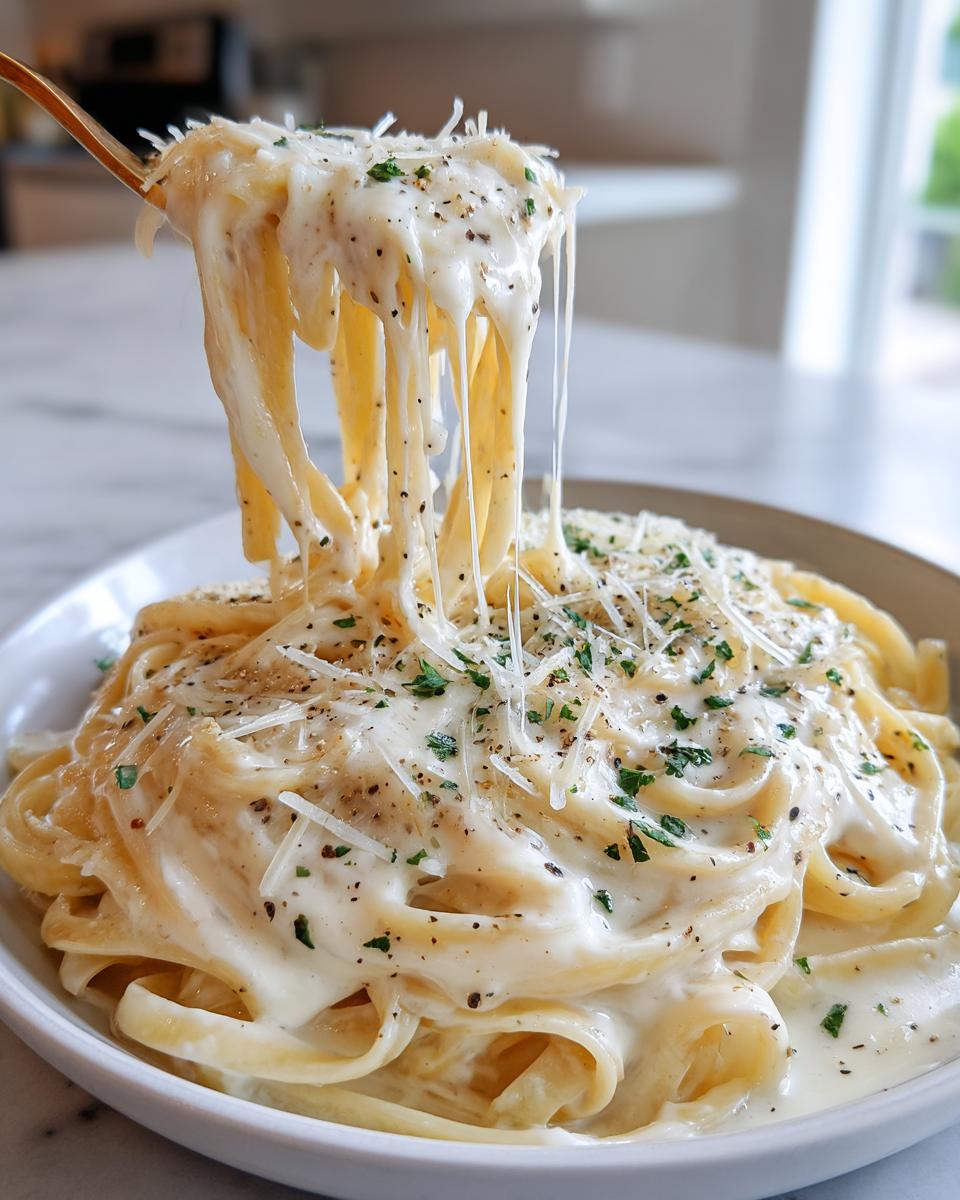 A fork lifts a generous portion of fettuccine pasta coated in rich Creamy Garlic Parmesan sauce, with melted cheese strings.
