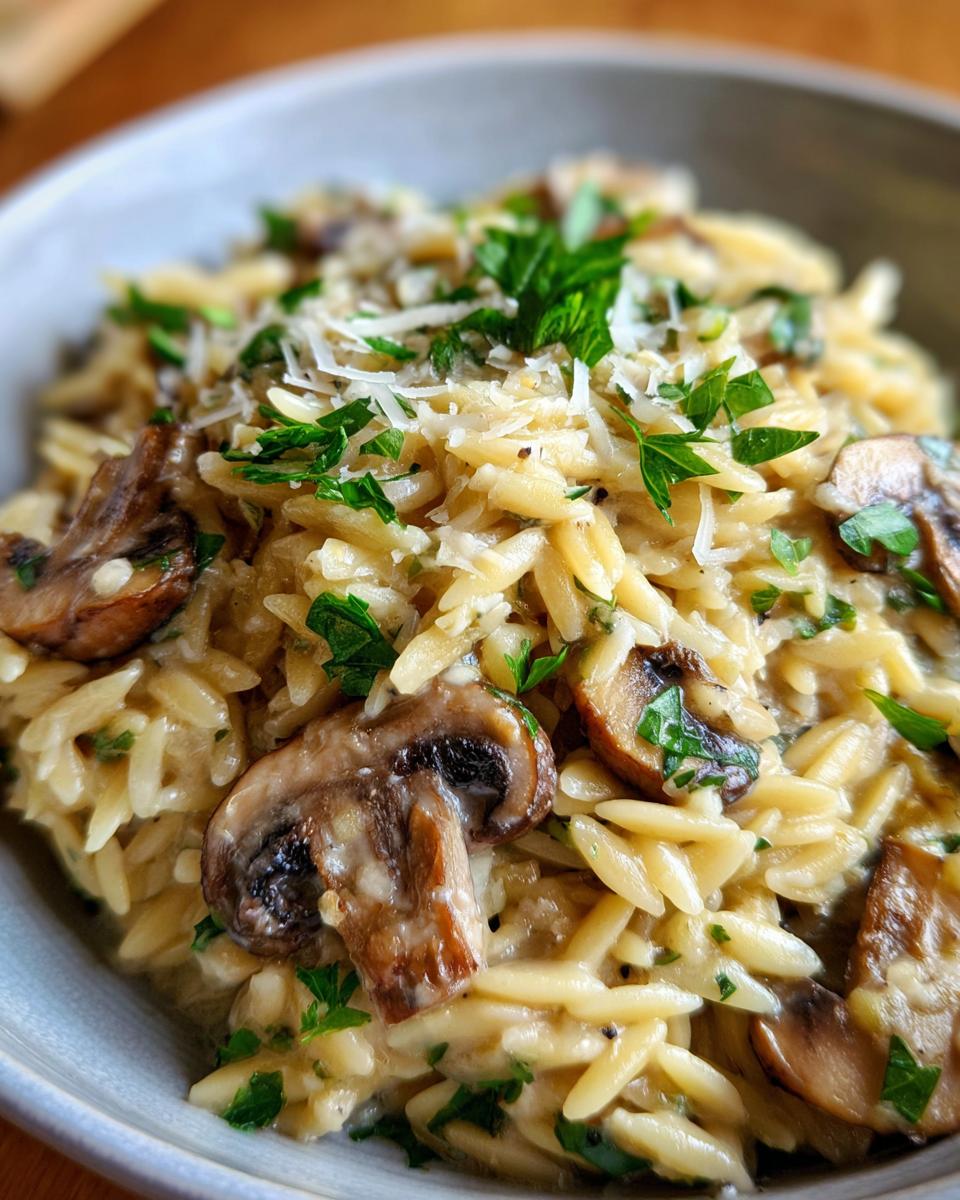 Bowl of Creamy Mushroom Parmesan Orzo, garnished with fresh parsley and parmesan cheese.