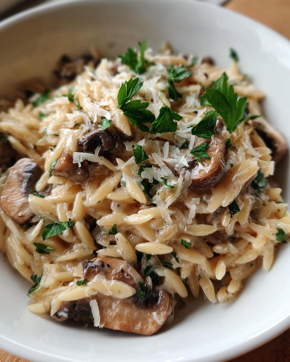 Close-up of Creamy Mushroom Parmesan Orzo in a white bowl, garnished with parsley and parmesan cheese.