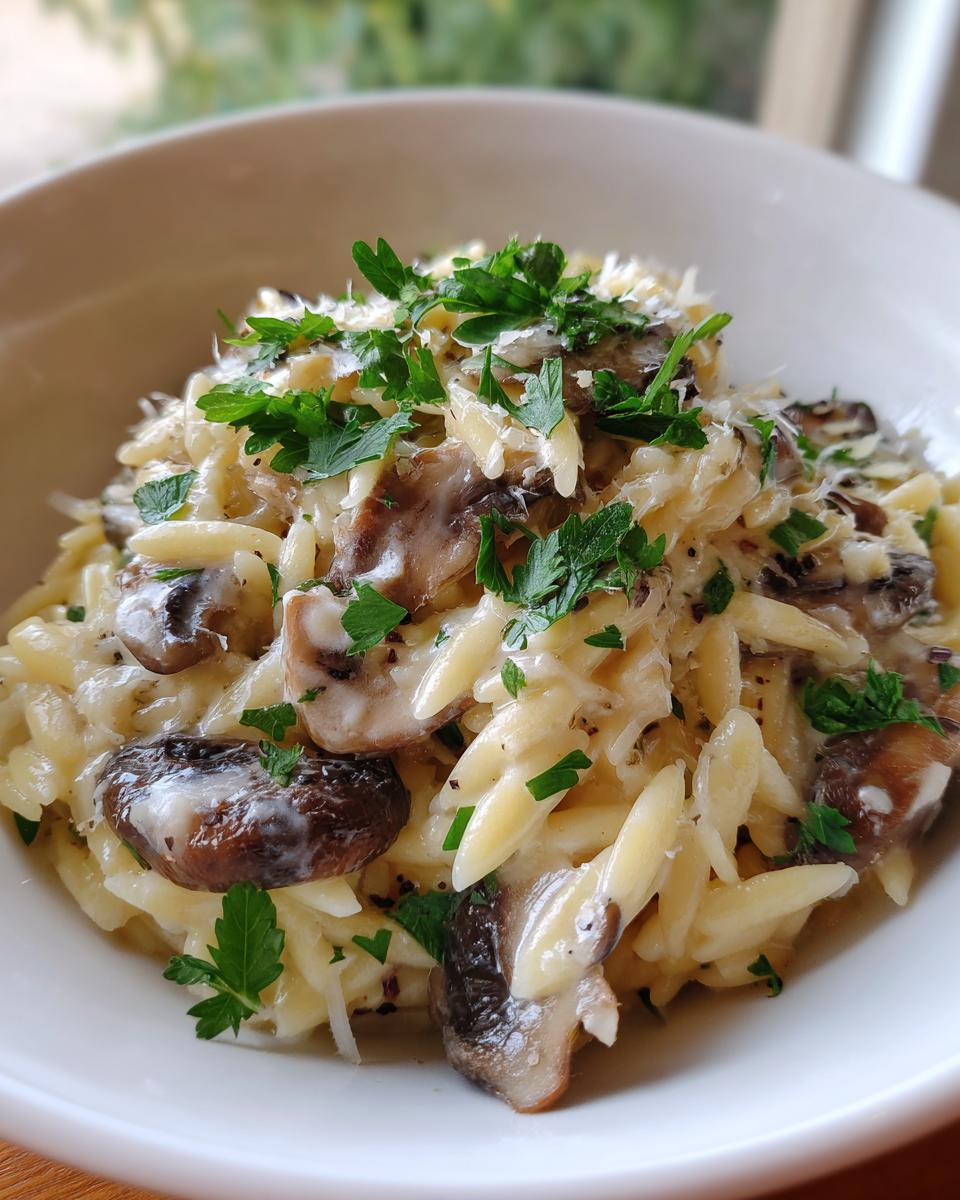 Bowl of Creamy Mushroom Parmesan Orzo, garnished with fresh parsley and grated Parmesan cheese.