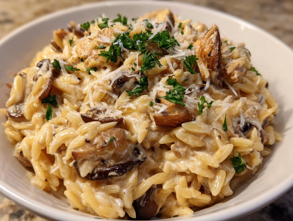 A bowl of Creamy Mushroom Parmesan Orzo, garnished with parsley and parmesan cheese.