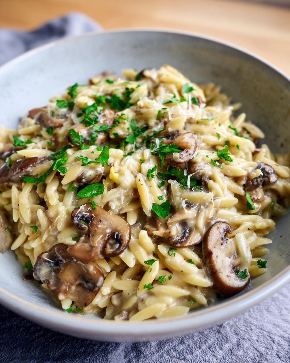 A bowl of Creamy Mushroom Parmesan Orzo, garnished with fresh parsley and parmesan cheese.