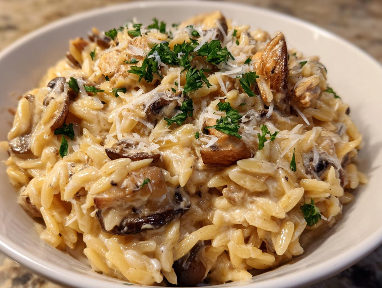 A bowl of Creamy Mushroom Parmesan Orzo, garnished with parsley and parmesan cheese.
