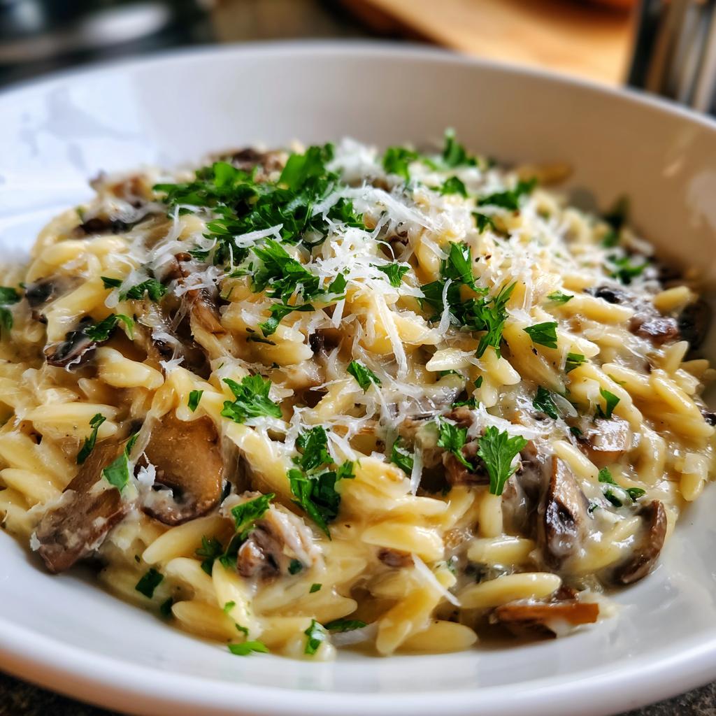A bowl of Creamy Mushroom Parmesan Orzo, topped with fresh parsley and grated parmesan cheese.