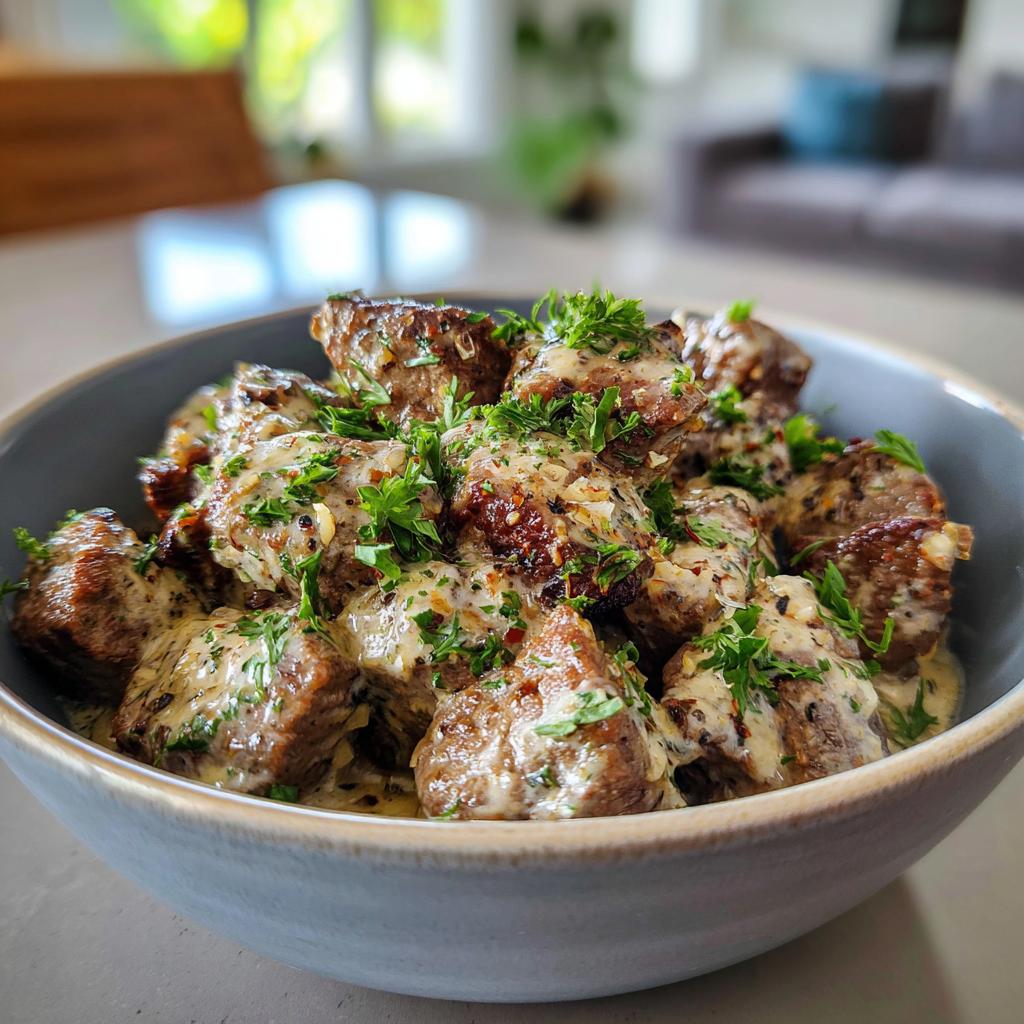 Bowl of Creamy Parmesan Garlic Beef, garnished with parsley. Close-up shot.