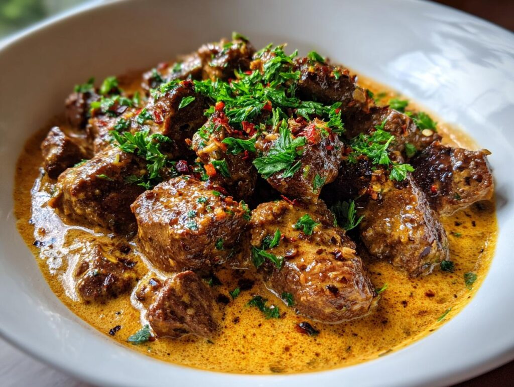 Close-up of Creamy Parmesan Garlic Beef in a white bowl, garnished with parsley and red pepper flakes.