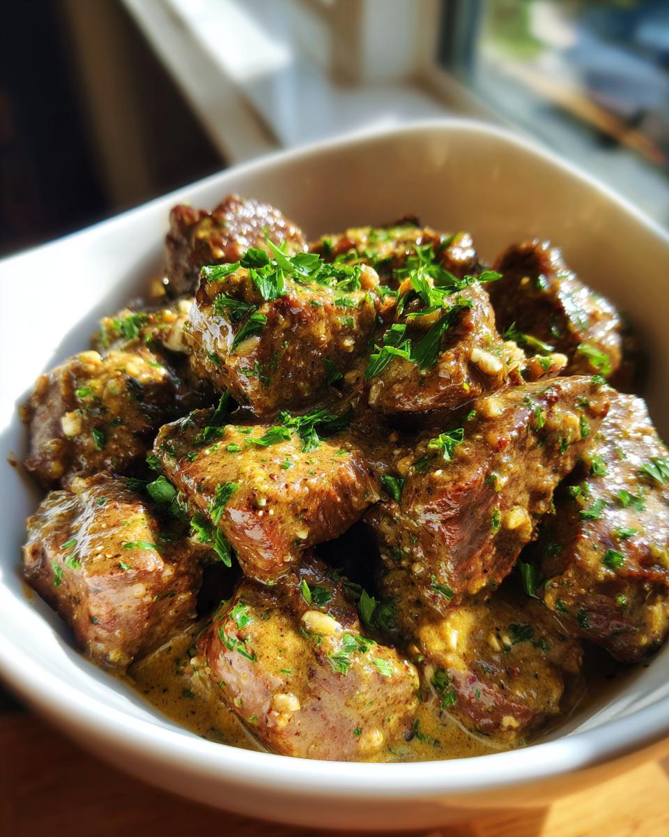Bowl of Creamy Parmesan Garlic Beef, garnished with fresh parsley. Delicious and flavorful dish.