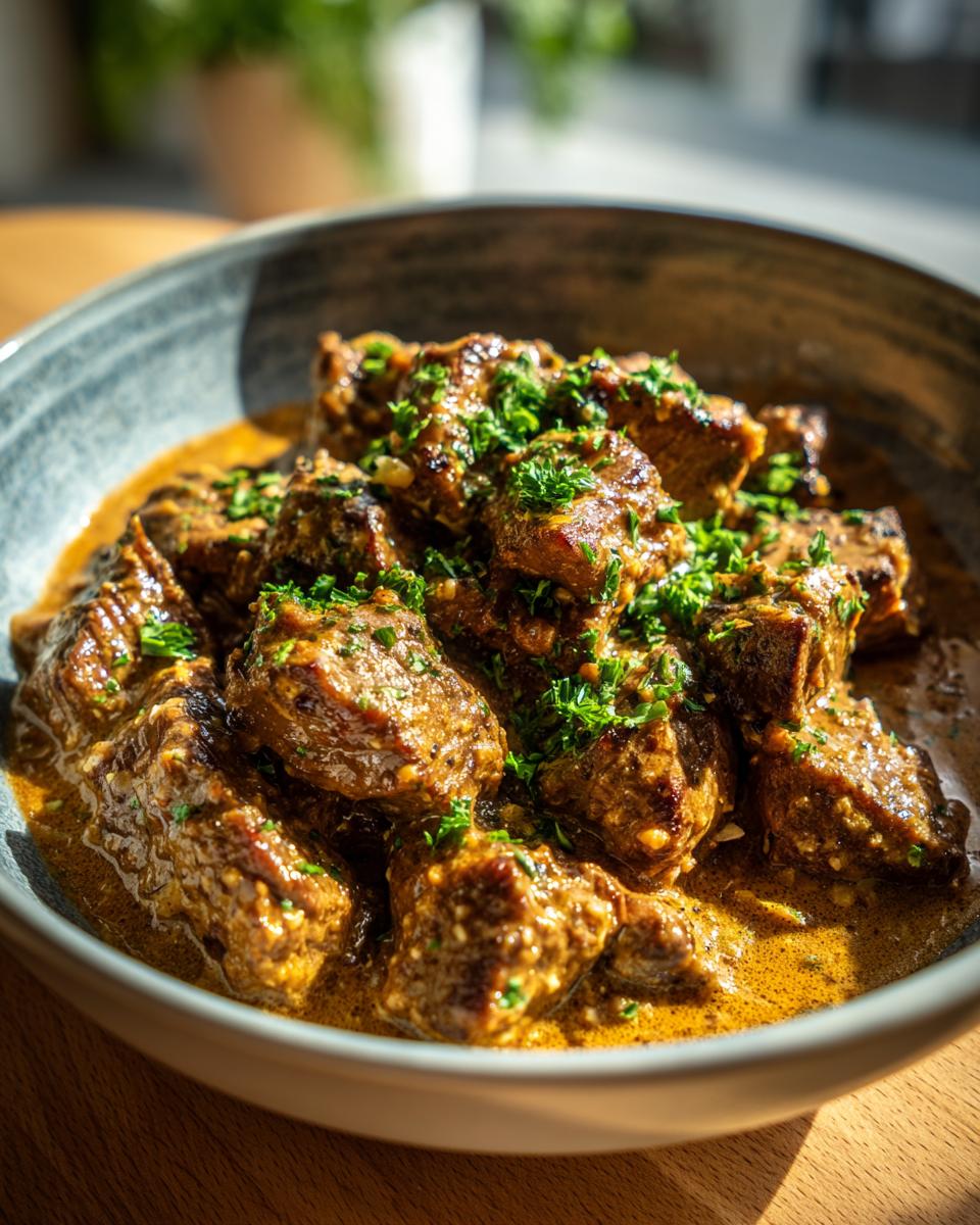 Bowl of Creamy Parmesan Garlic Beef, garnished with fresh parsley, sitting on a wooden table.