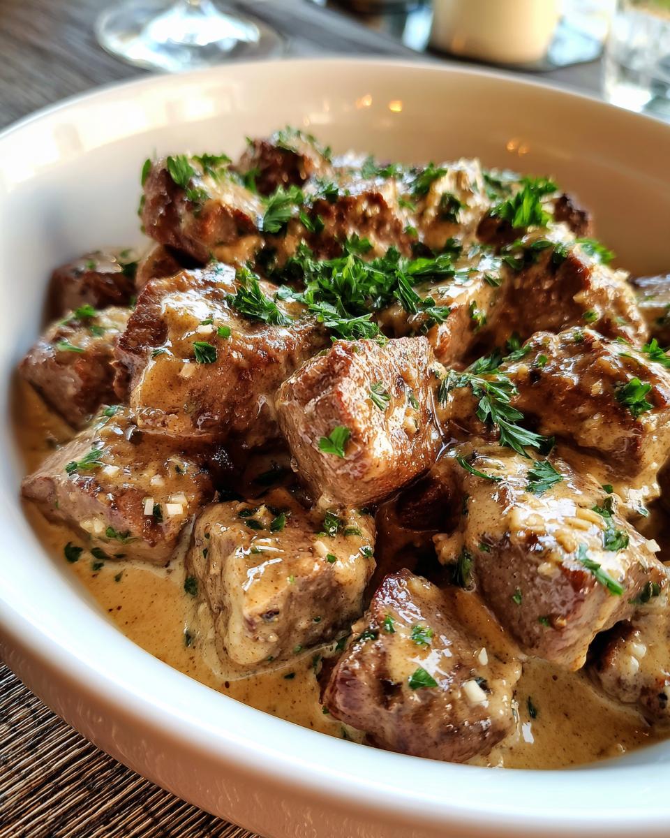 Close-up of Creamy Parmesan Garlic Beef in a white bowl, garnished with fresh parsley.