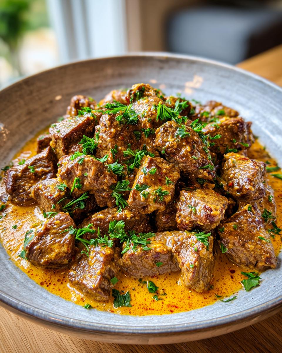 Bowl of Creamy Parmesan Garlic Beef, garnished with fresh parsley, sitting on a wooden table.