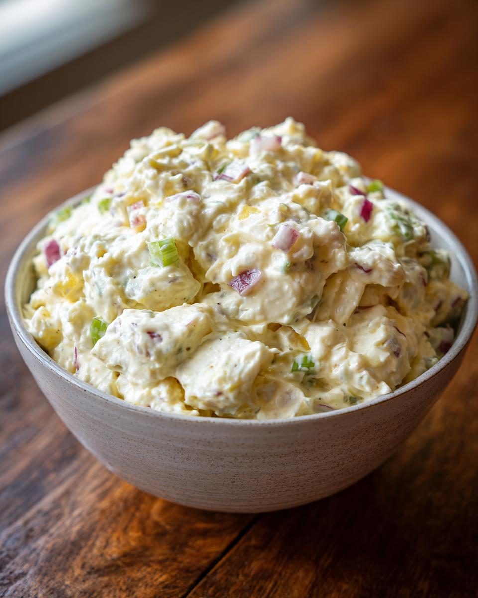 Close-up of creamy potato salad in a bowl, featuring potatoes, red onion, and celery.
