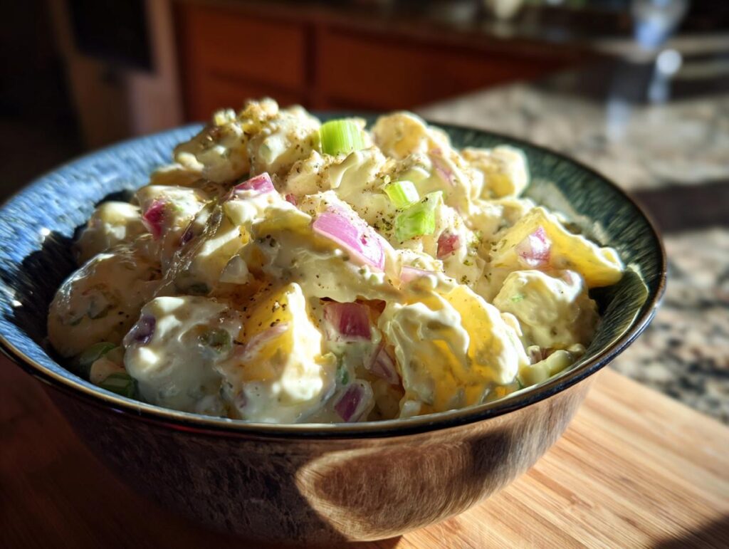 A bowl of creamy potato salad with red onions and celery, ready to serve. Classic potato salad recipe.