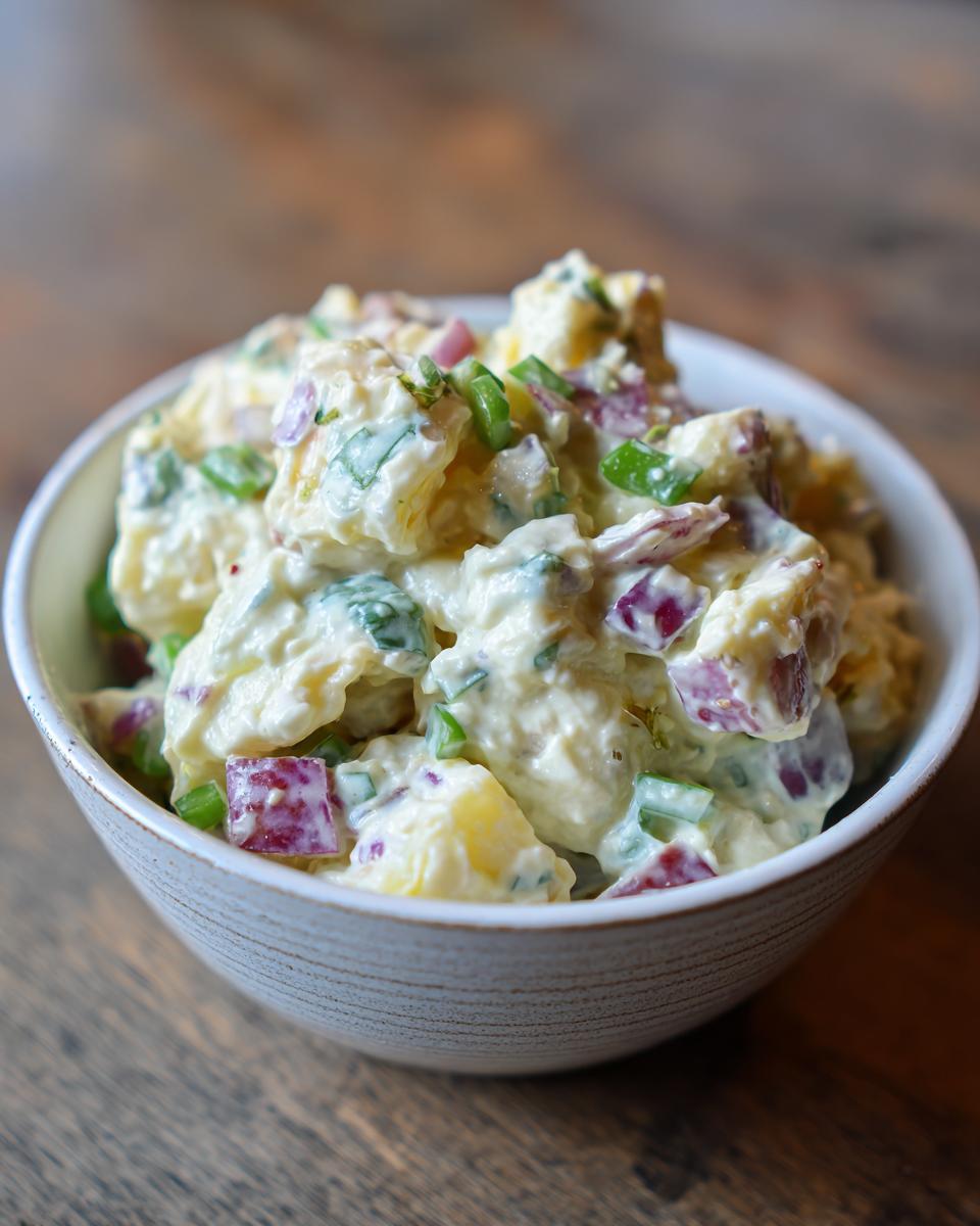 A bowl of creamy potato salad with red onion and green herbs, ready to serve.