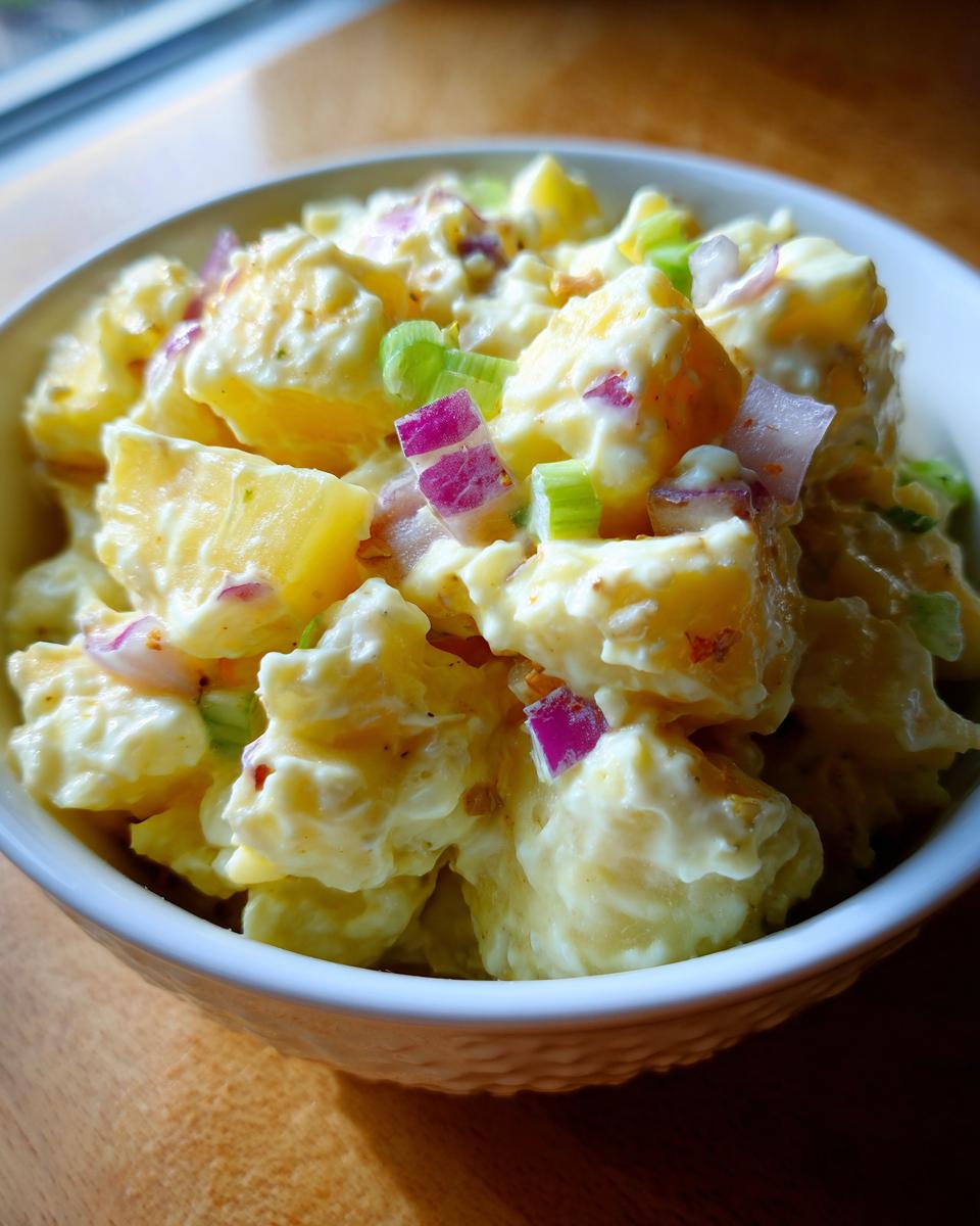 Close-up of creamy potato salad in a white bowl, garnished with red onion and celery.