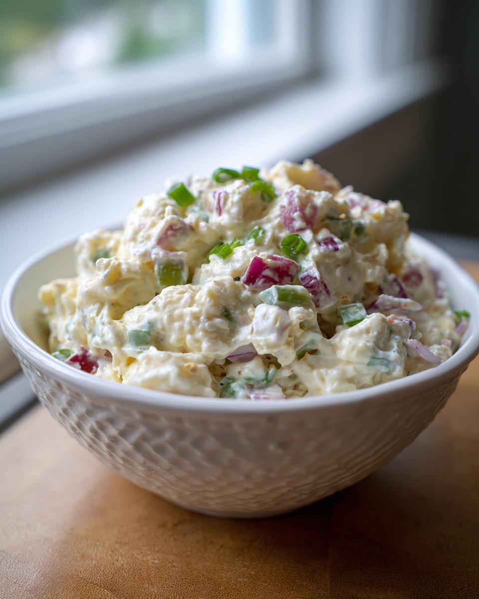 Close-up of a bowl of potato salad with potatoes, mayonnaise, red onion, green pepper, and green onion garnish.