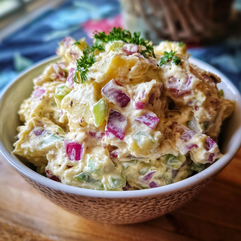 Close-up of a bowl of creamy potato salad, featuring red onion, celery, and parsley garnish.