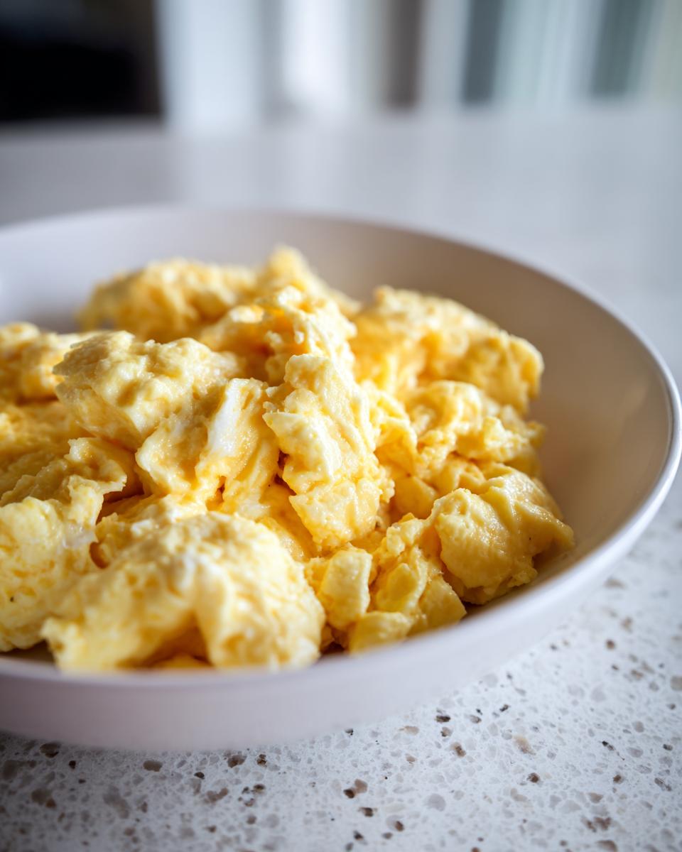 Close-up of perfectly creamy scrambled Eggs served in a white bowl on a speckled countertop.