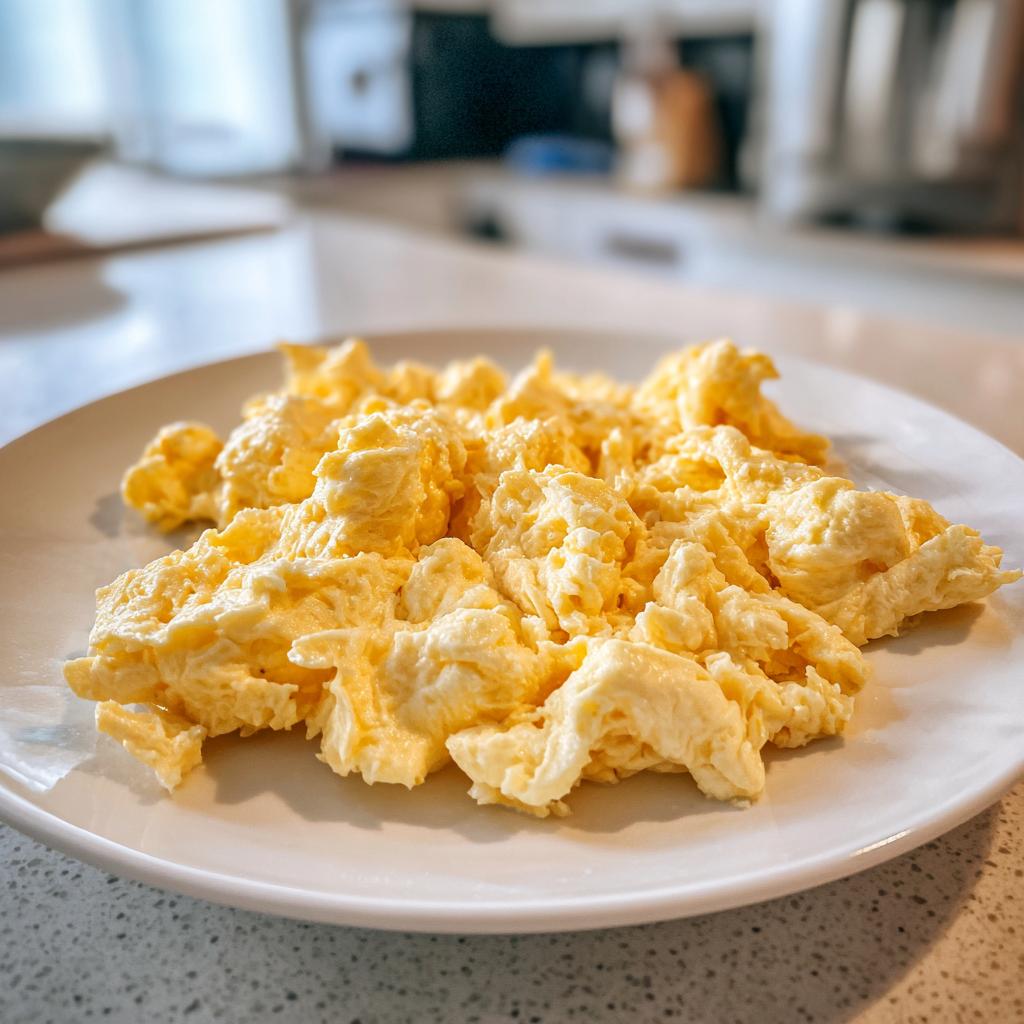 Close-up of perfectly creamy scrambled Eggs served on a white plate, ready to eat.