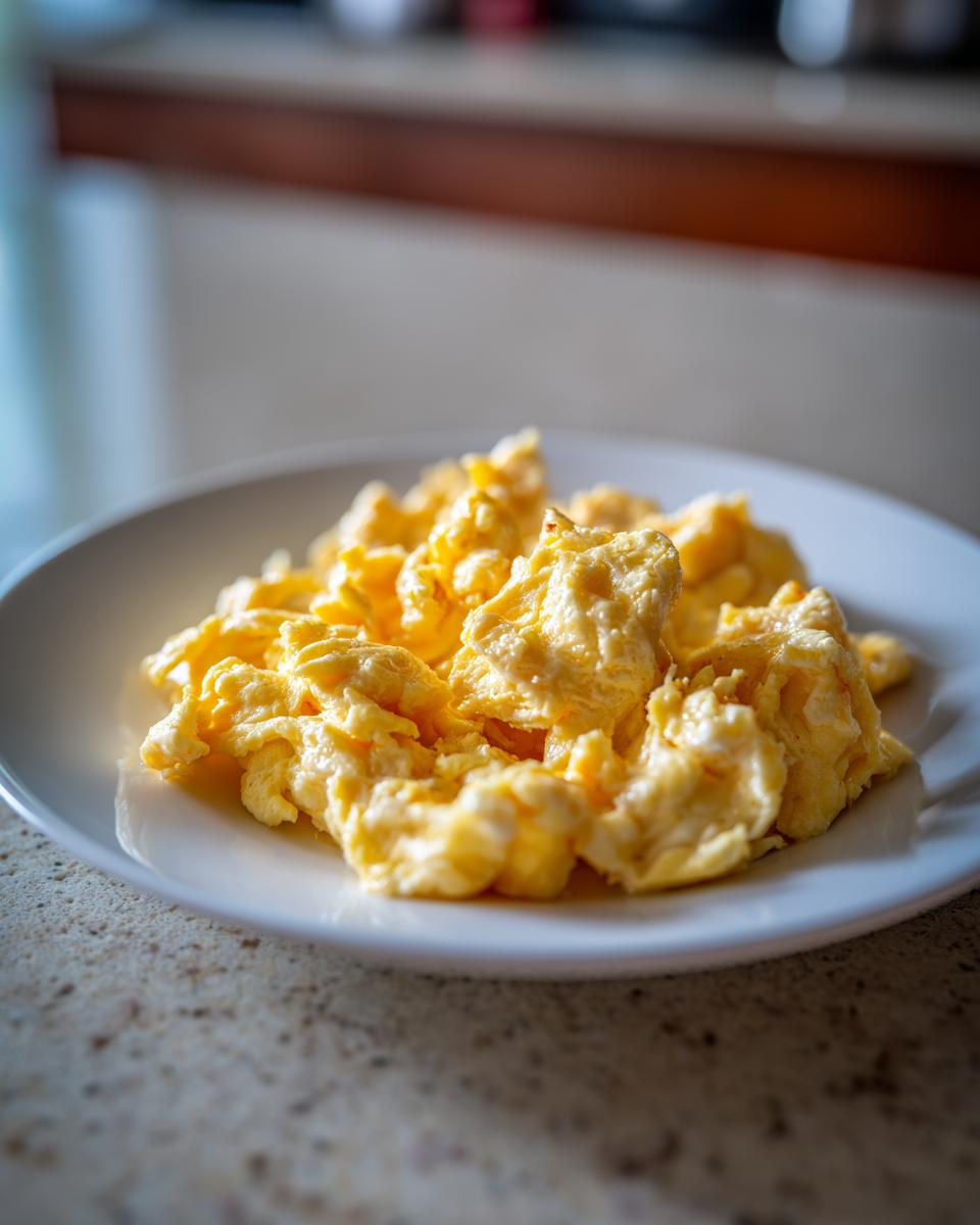 Close-up of perfectly cooked, creamy scrambled Eggs served on a white plate.
