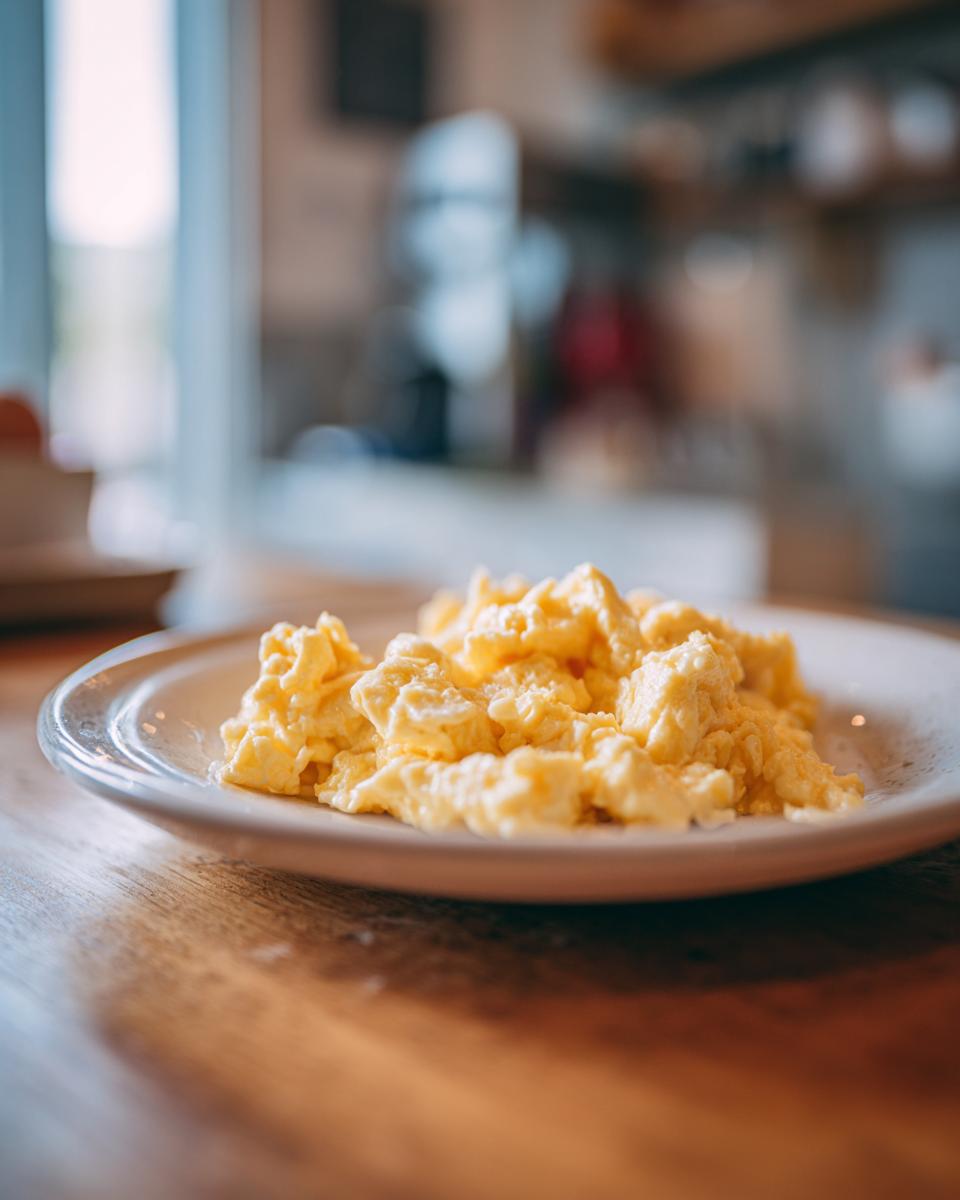 Close-up of creamy scrambled Eggs served on a white plate, sitting on a wooden table.