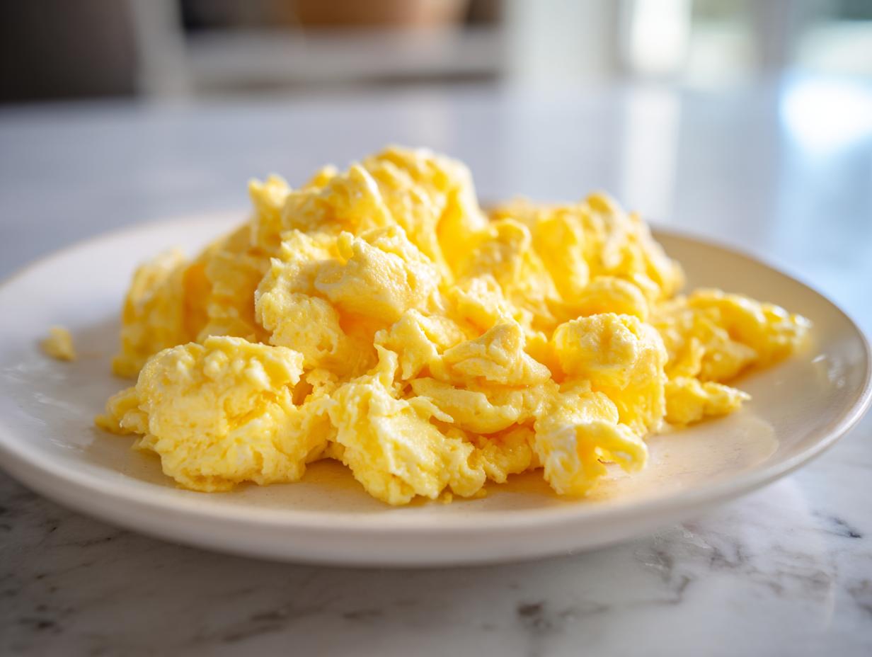 A plate of perfectly creamy scrambled Eggs, showcasing their soft texture and vibrant yellow color.