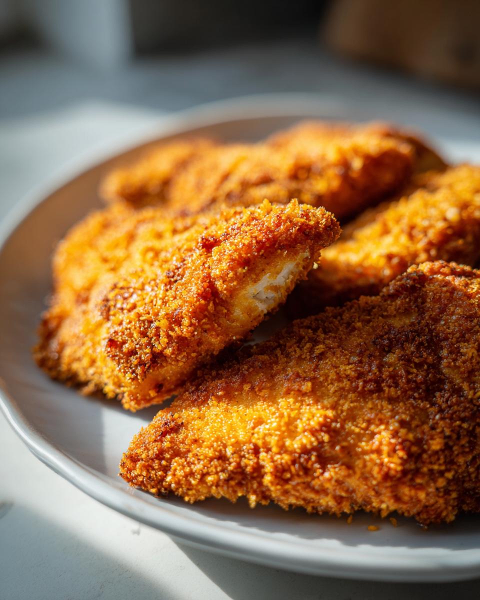 Close-up of golden brown, crispy air fryer chicken cutlets piled on a light gray plate.
