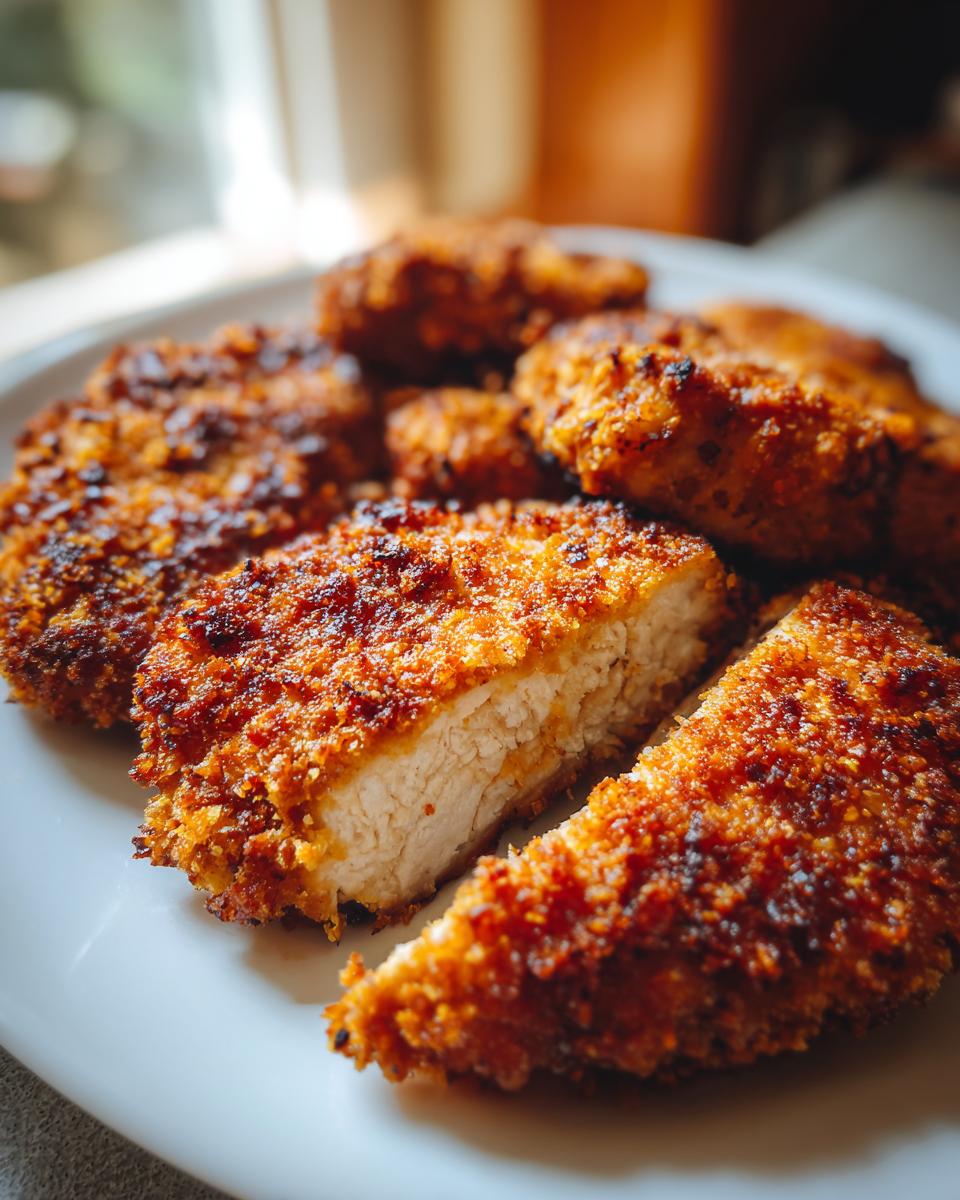 A close-up of a plate filled with golden-brown Crispy Air Fryer Chicken Cutlets, one cutlet sliced to show its juicy interior.