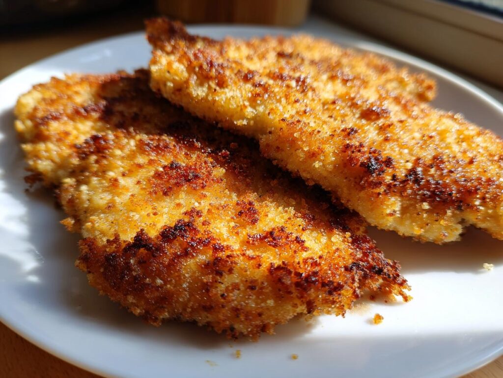 Close-up of golden-brown, crispy air fryer chicken cutlets on a white plate.