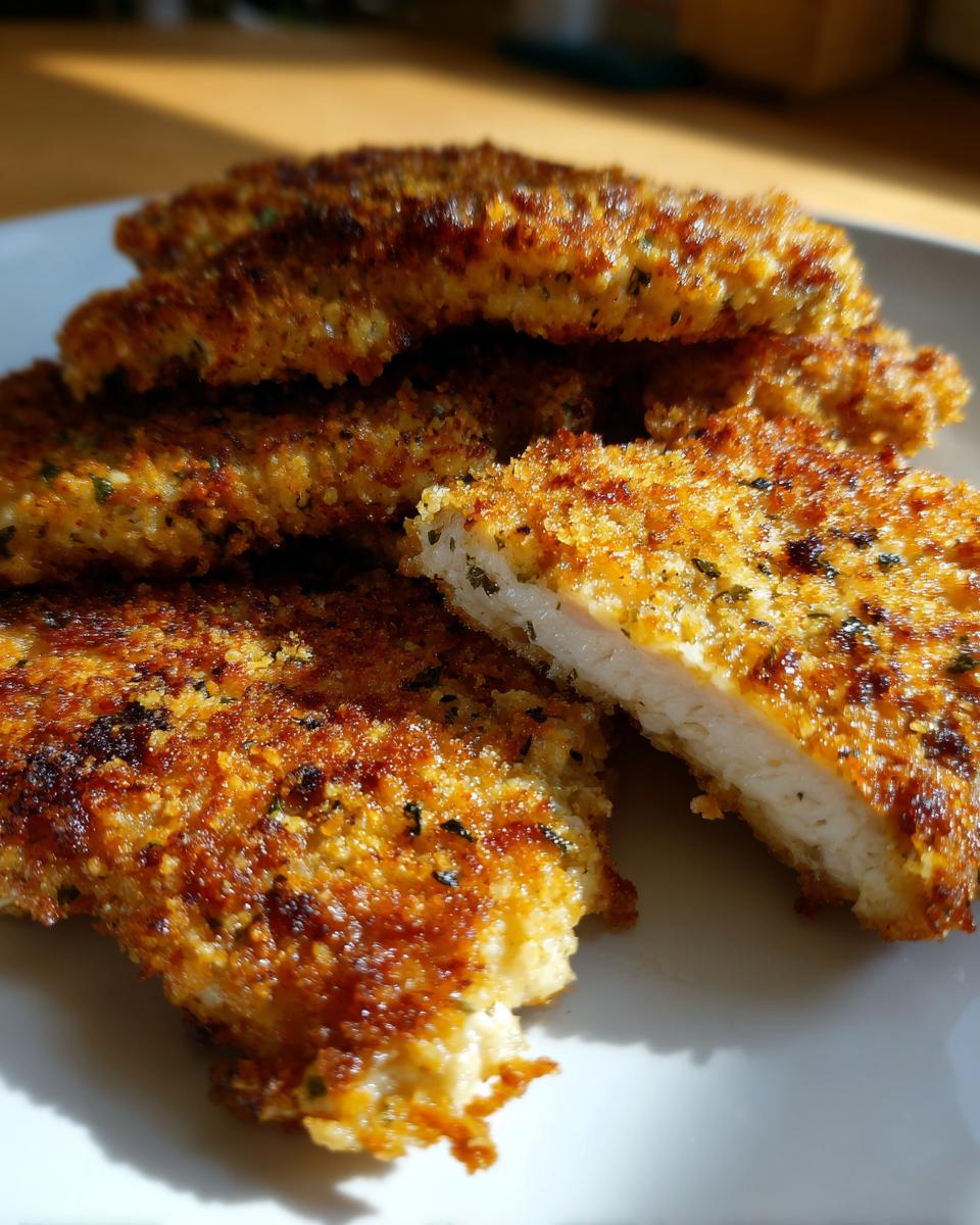 A close-up shot of golden-brown, crispy air fryer chicken cutlets piled on a white plate, one cutlet sliced to show the juicy interior.