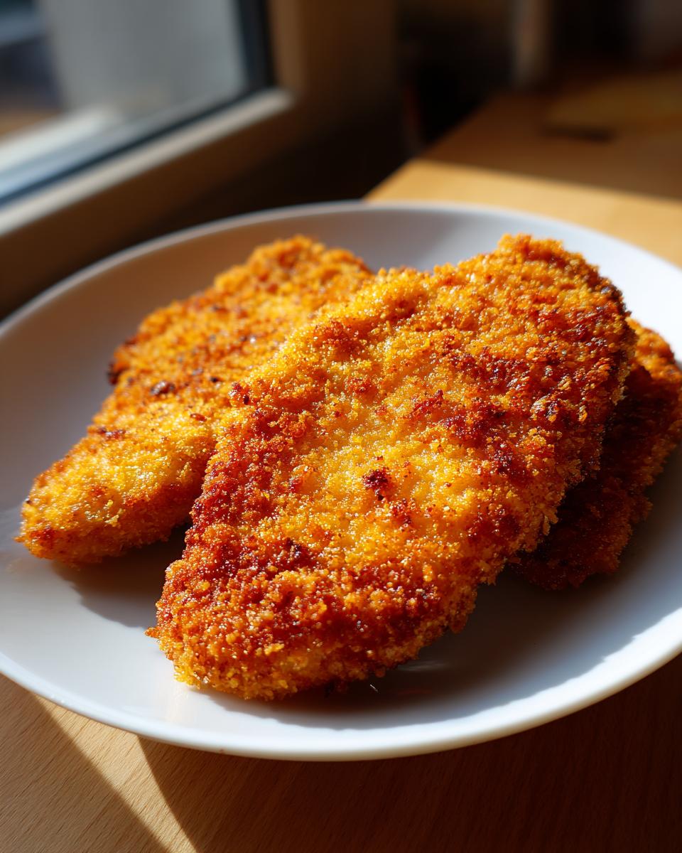 Close-up of three golden-brown, crispy air fryer chicken cutlets on a white plate.