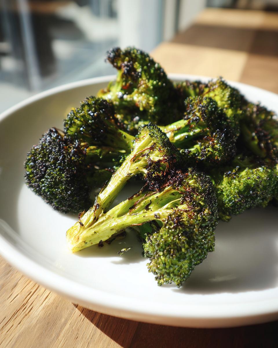 A plate of crispy roasted broccoli, showcasing a delicious broccoli recipe with browned florets.