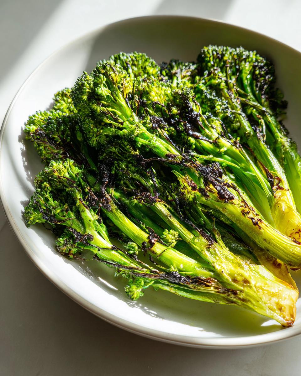 Close-up of perfectly charred broccoli on a plate, showcasing a delicious Broccoli recipe.