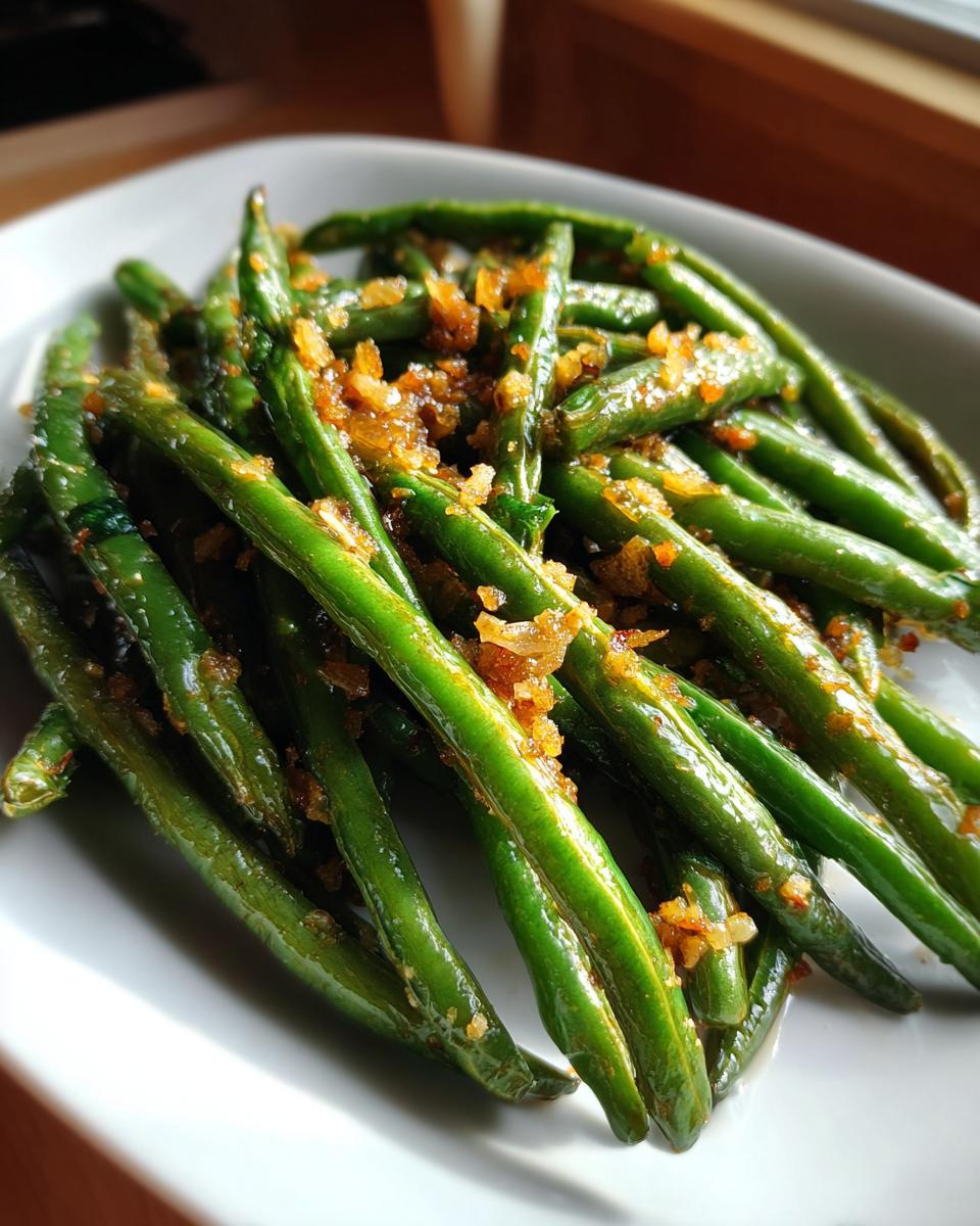 Close-up of Crispy Garlic Parmesan Green Beans served on a white plate, showcasing the garlic topping.