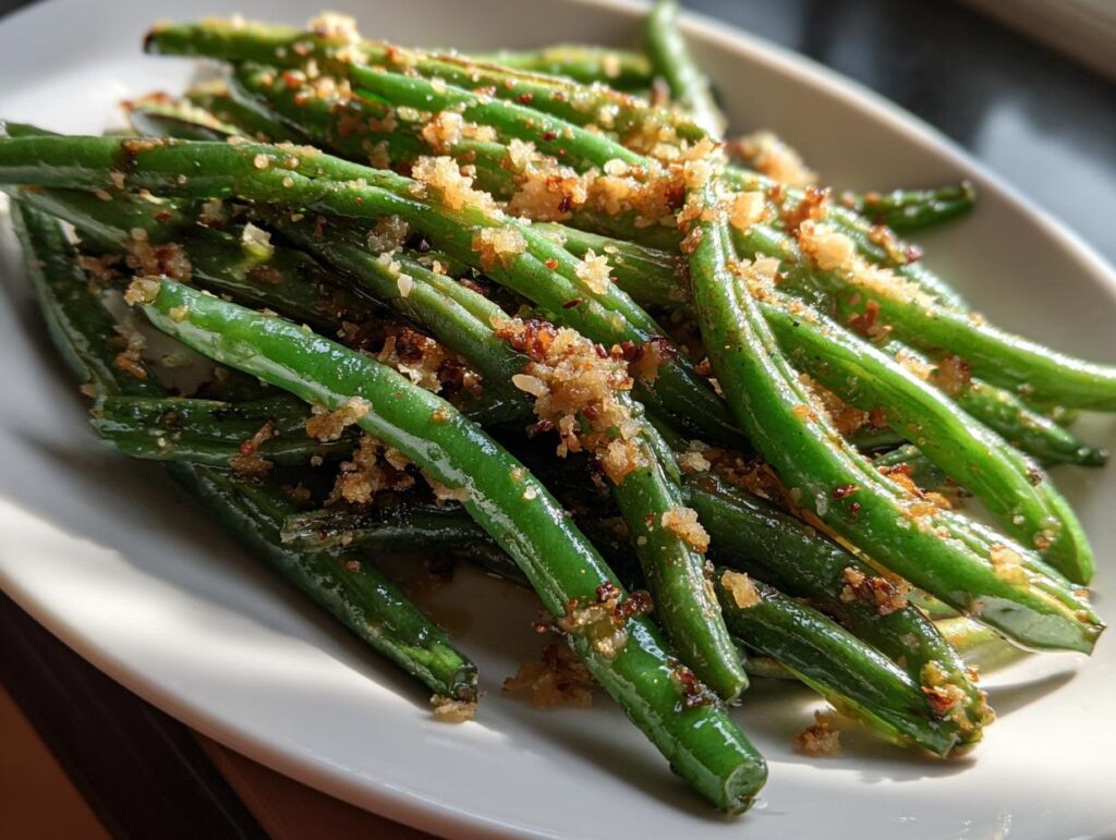 A plate of vibrant green beans topped with crispy garlic parmesan, ready to be enjoyed.