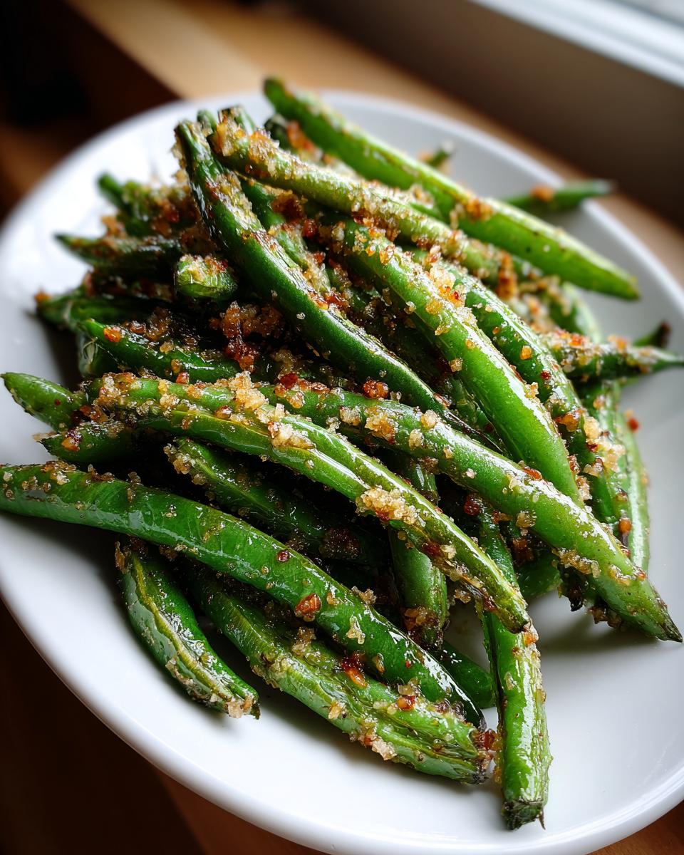 A serving of Crispy Garlic Parmesan Green Beans piled on a white plate, showcasing the golden-brown garlic parmesan topping.