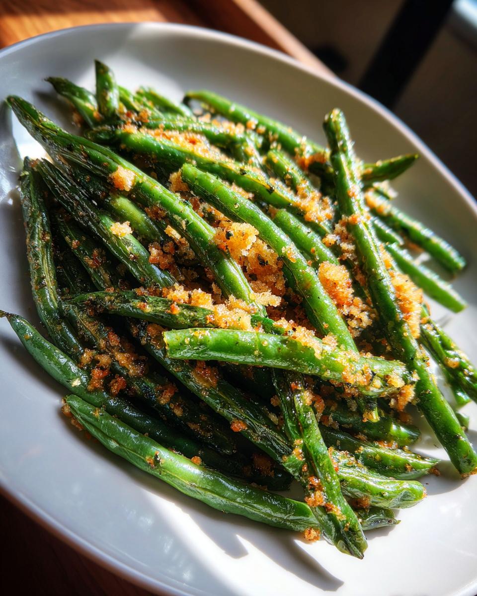 A plate of Crispy Garlic Parmesan Green Beans, showcasing their texture and vibrant color.