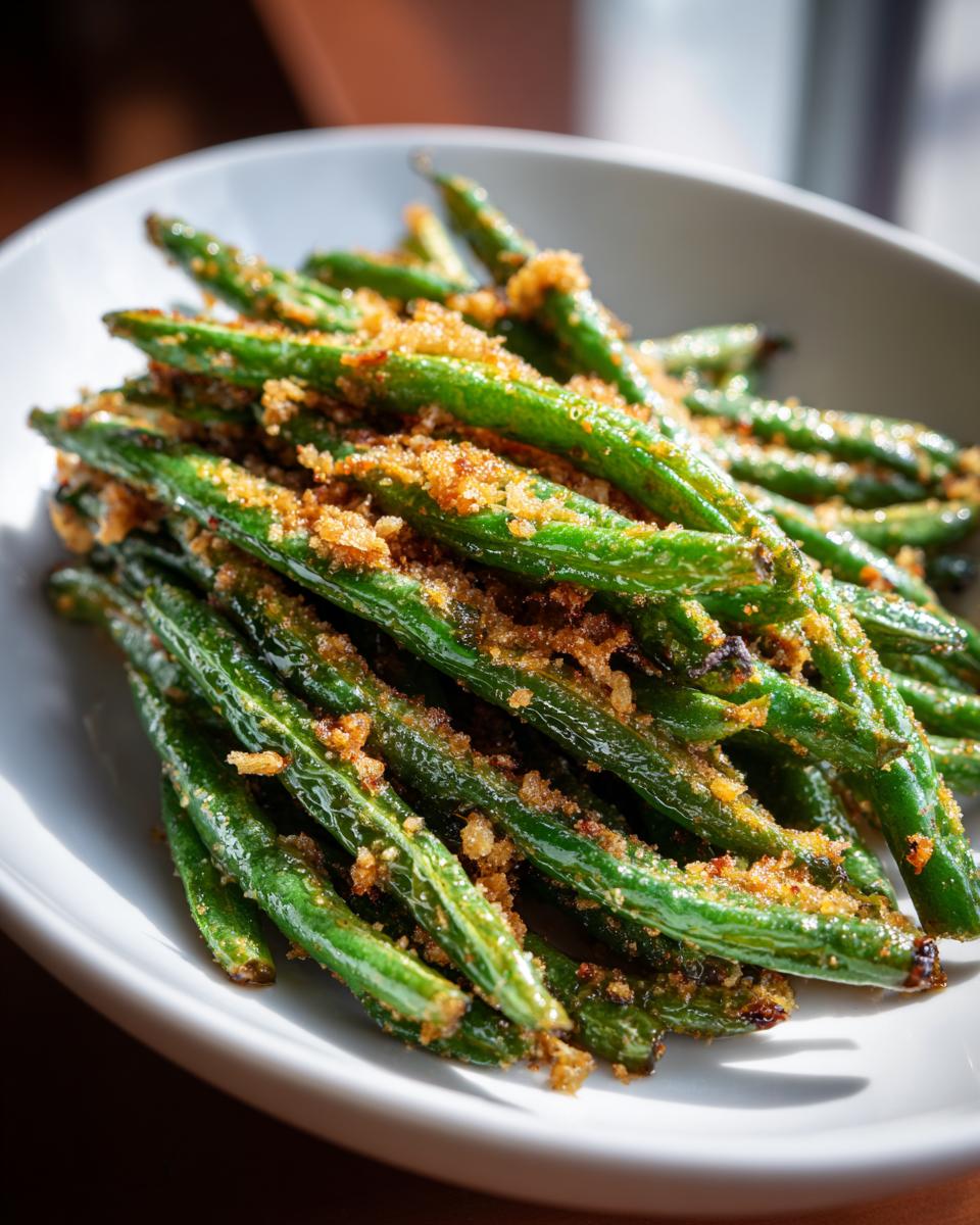 A close-up of Crispy Garlic Parmesan Green Beans served in a white bowl, showcasing the crispy texture and parmesan topping.
