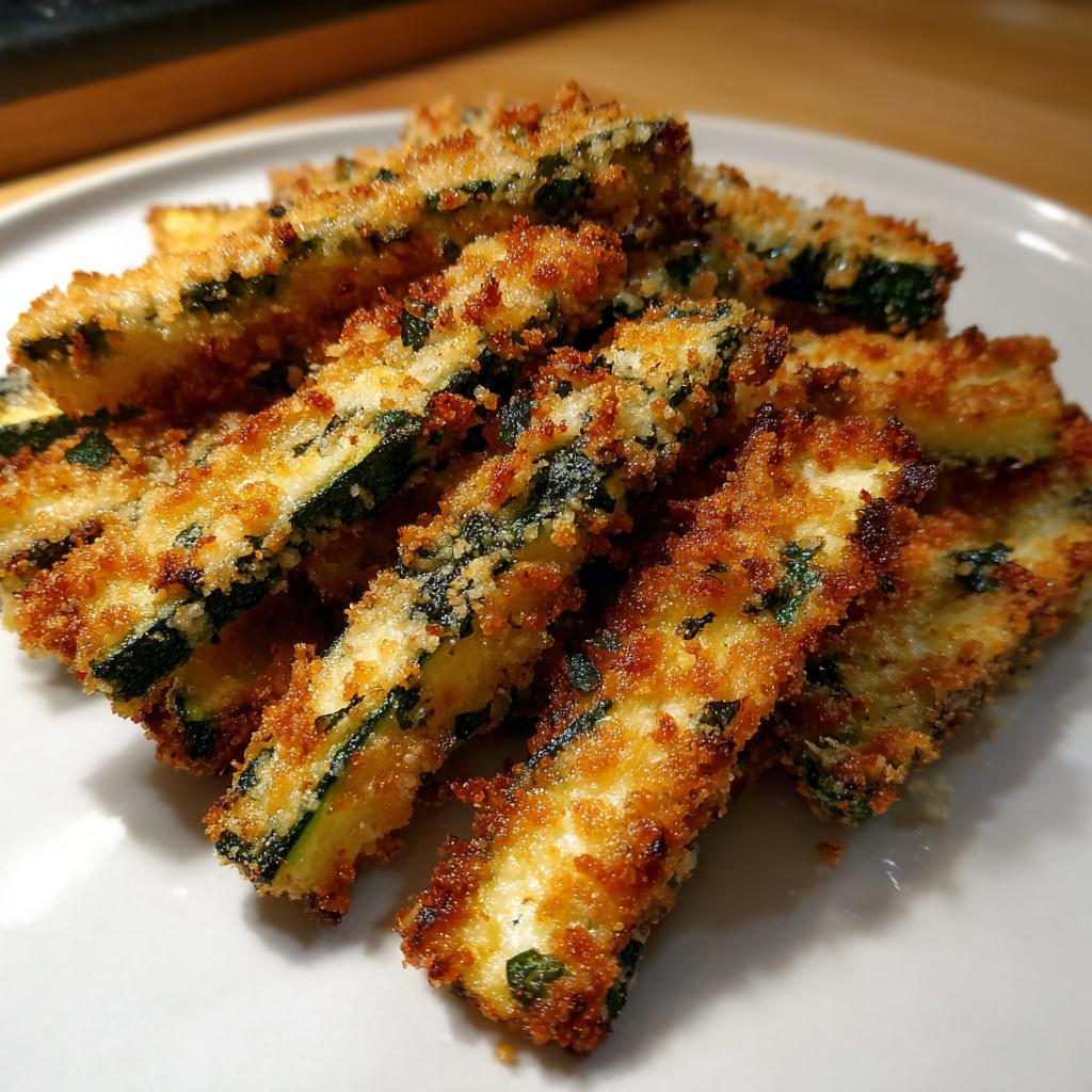 A plate of golden brown Crispy Parmesan Zucchini Fries, stacked and ready to eat.