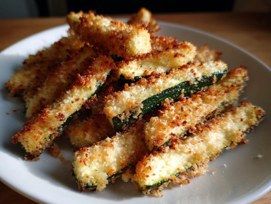 A plate of golden brown Crispy Parmesan Zucchini Fries, showcasing their crunchy coating and vibrant green zucchini.